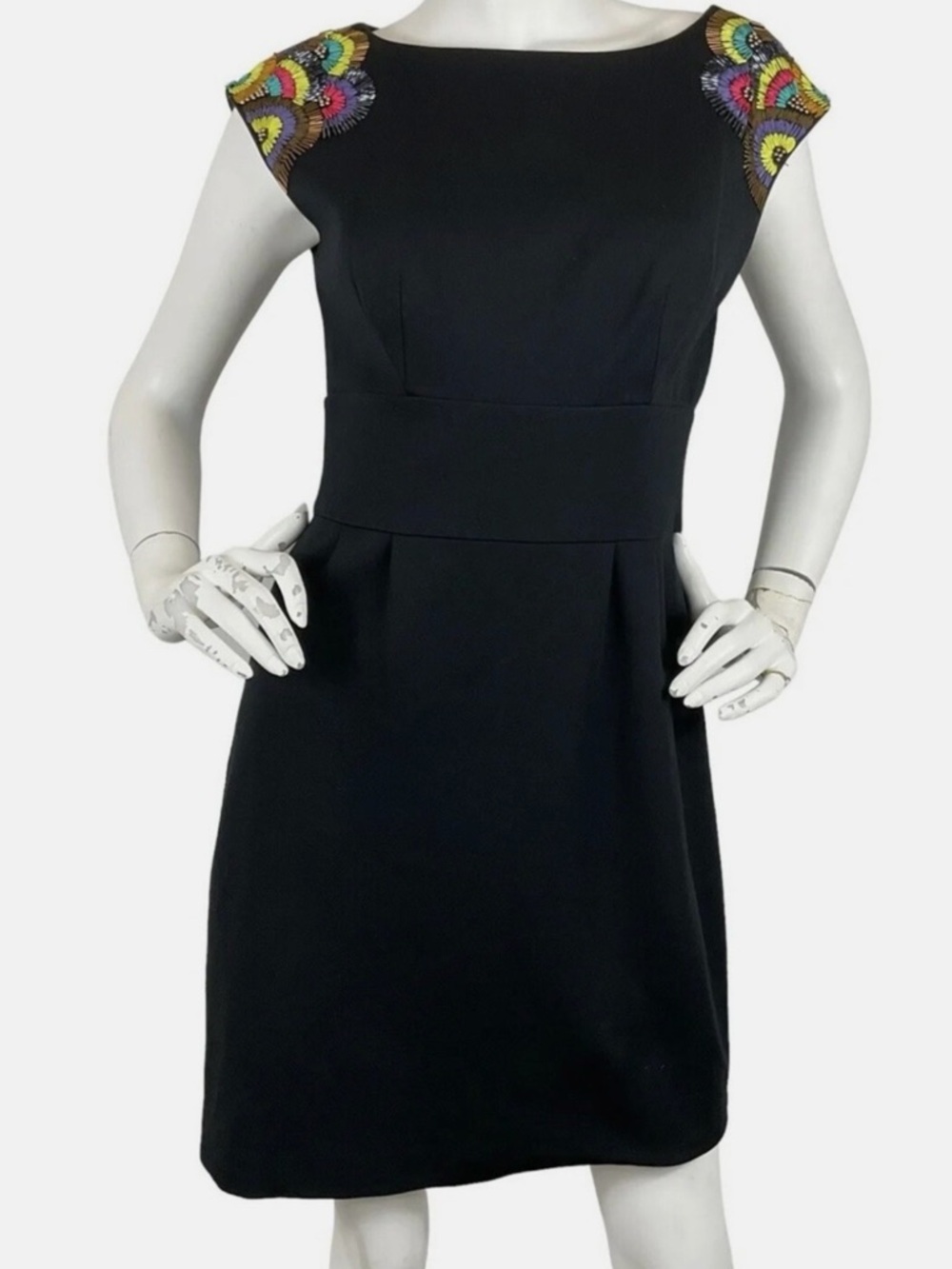 Trina Turk Black Midi Dress with Colorful Embroidered Shoulders